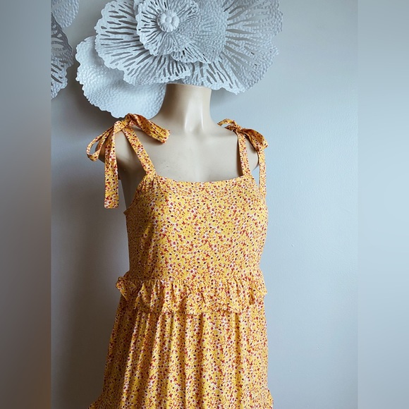 Ivy Street Floral Ditsy Print Yellow Tiered Maxi Dress Bow Tie Square Neck Flowy - Picture 5 of 11